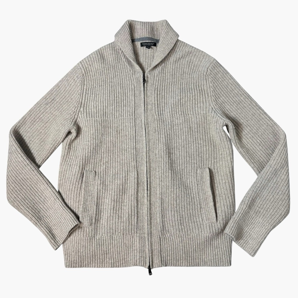Banana Republic Merino Wool Ribbed Sweater Full Zip Jacket Mens XL Shawl Collar